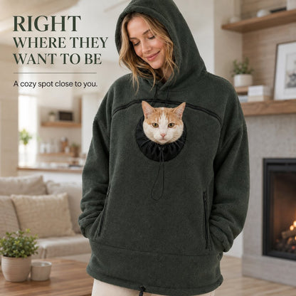 Cozy pet carrier hoodie lifestyle image