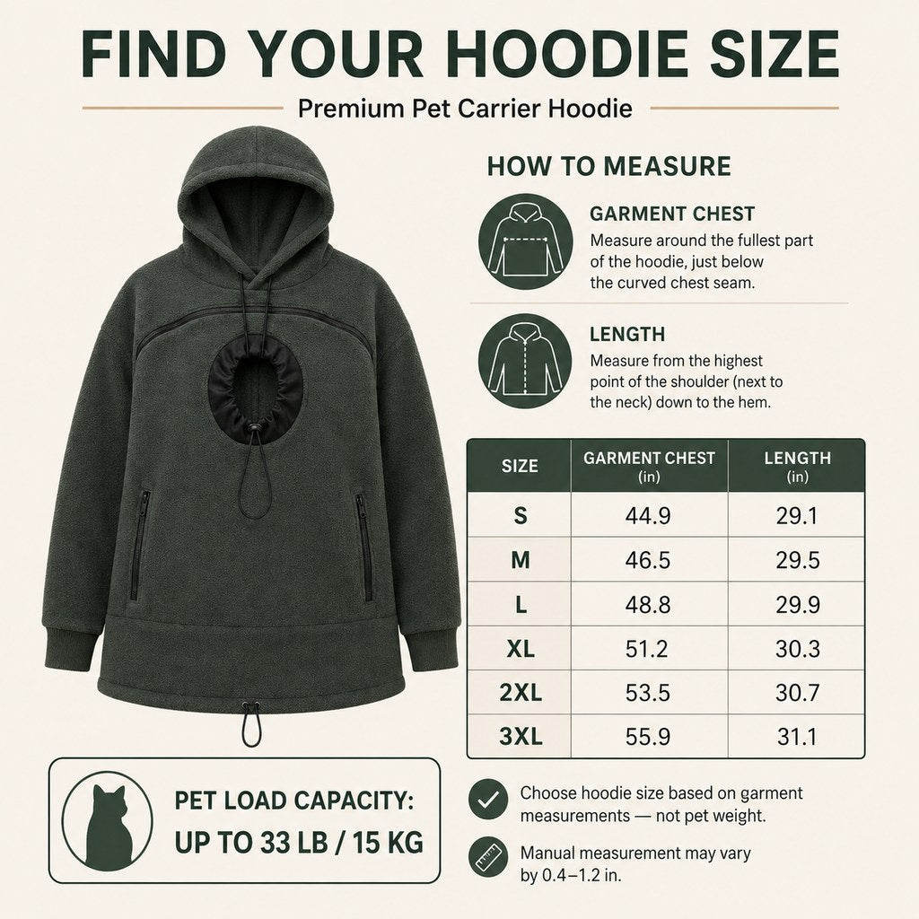 Pet carrier hoodie size guide and pet load capacity