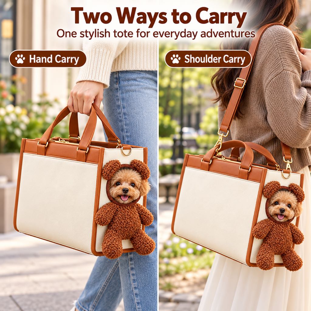 Teddy bear pet carrier tote shown for hand carry and shoulder carry