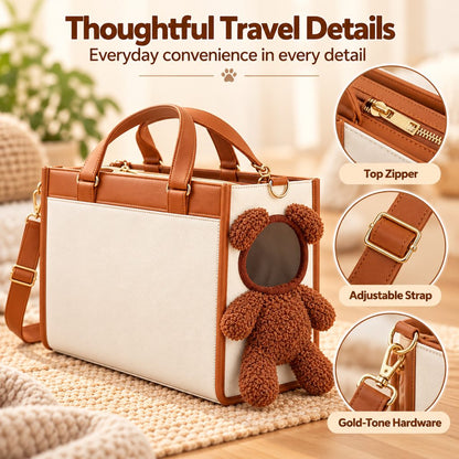 Top zipper adjustable strap and gold-tone hardware on a pet carrier tote