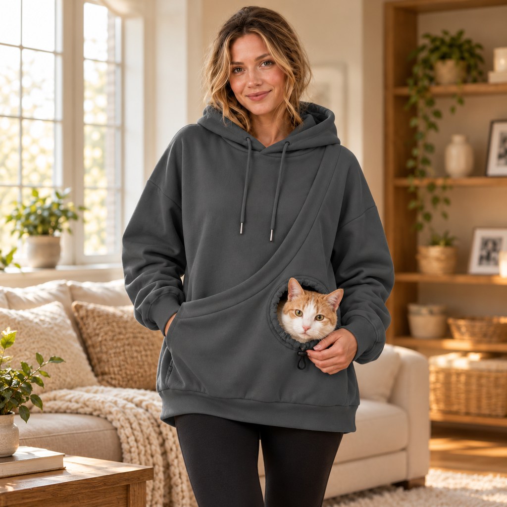 dark gray cat carrying hoodie with front pet pouch