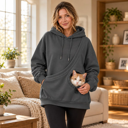 dark gray cat carrying hoodie with front pet pouch