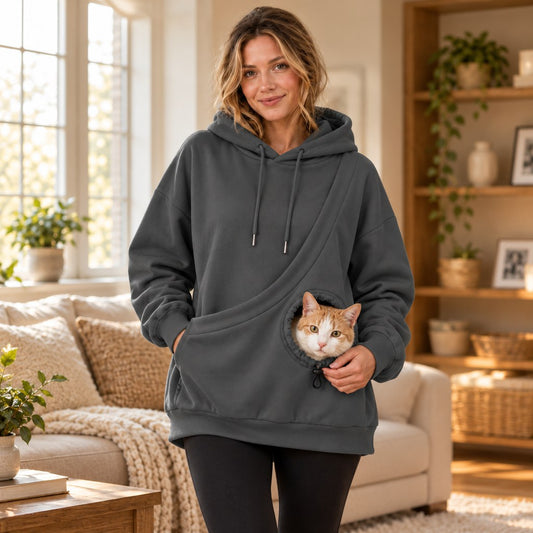 dark gray cat carrying hoodie with front pet pouch