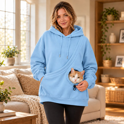 light blue cat carrying hoodie with front pet pouch