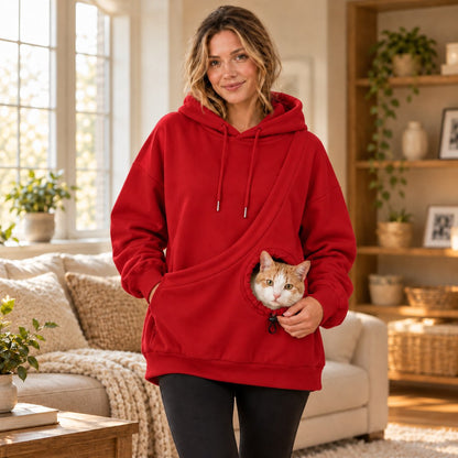 red cat carrying hoodie with front pet pouch