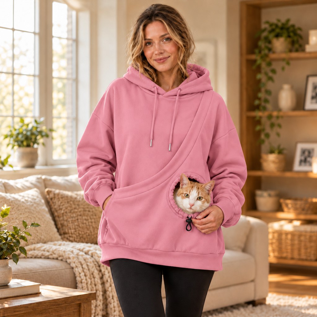 pink cat carrying hoodie with front pet pouch