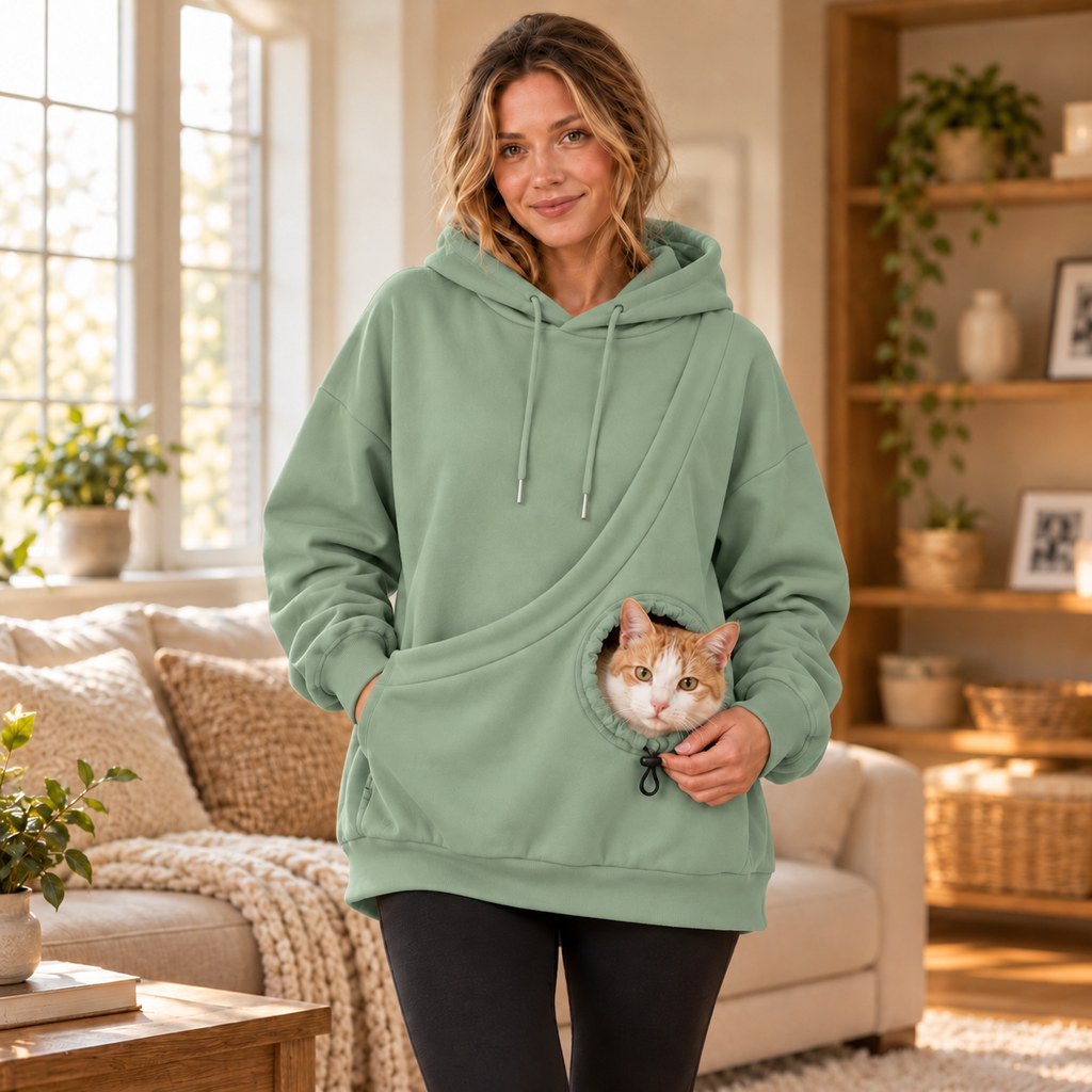 sage green cat carrying hoodie with front pet pouch