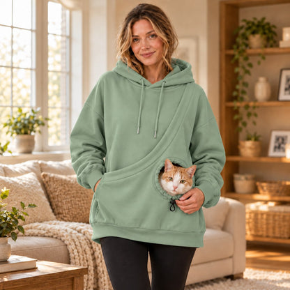 sage green cat carrying hoodie with front pet pouch