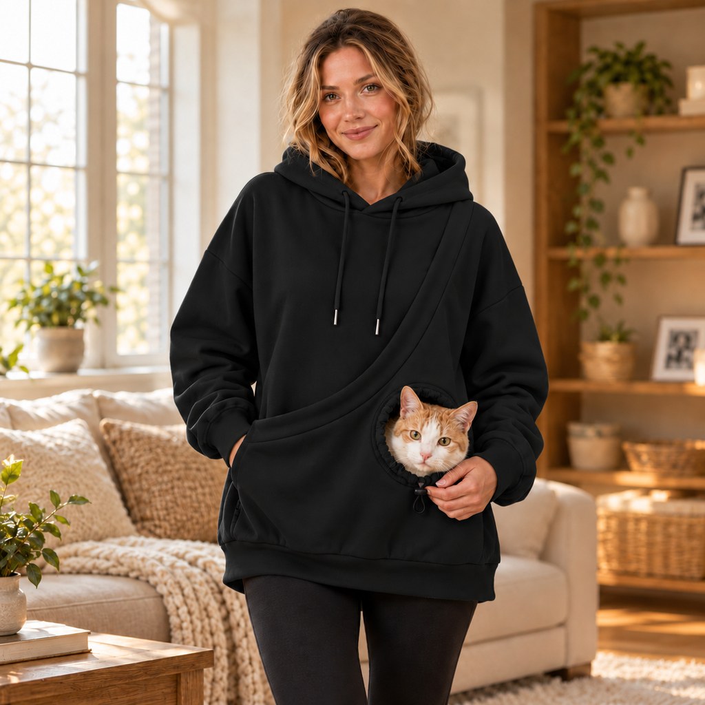 black cat carrying hoodie with front pet pouch