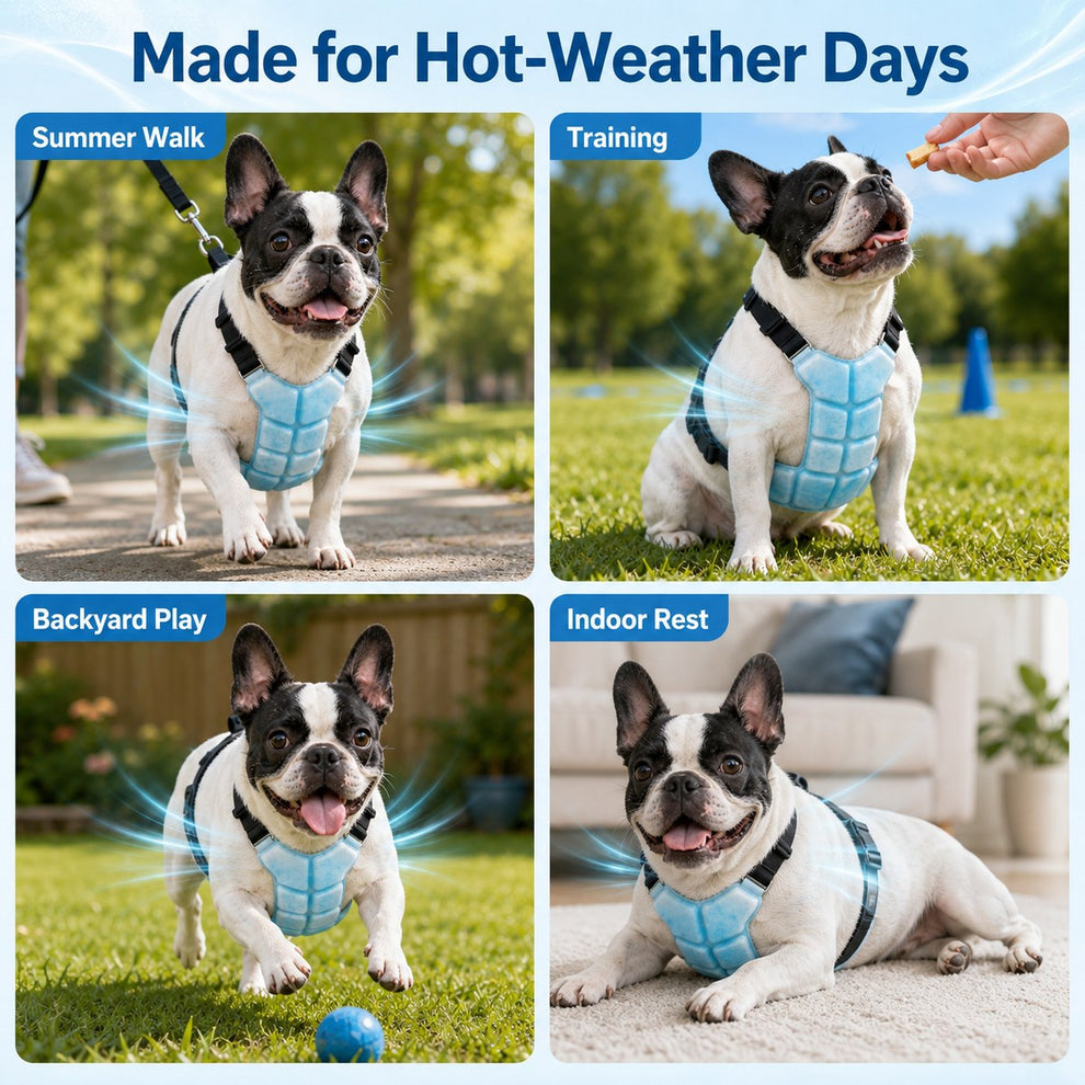 Pet cooling vest for summer walks, training, backyard play, and indoor rest.