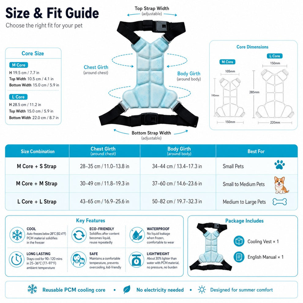 Pet cooling vest size guide for M core S strap, M core M strap, and L core L strap.