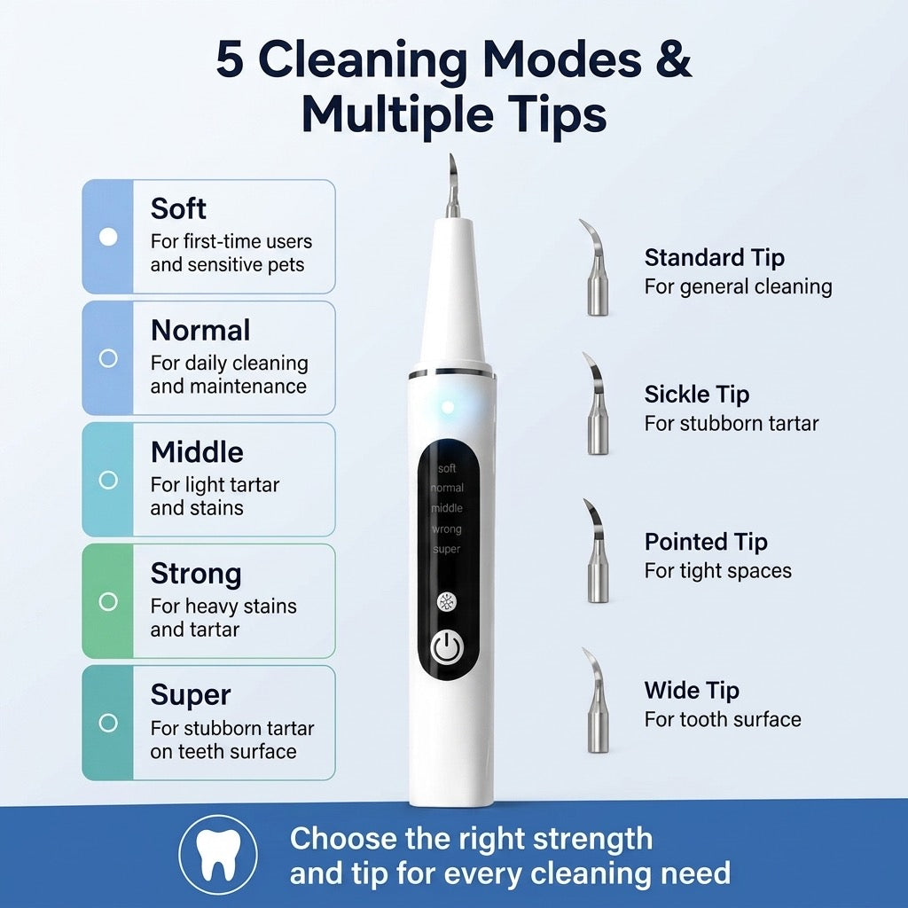 Pet dental cleaner with five cleaning modes and multiple cleaning tips.