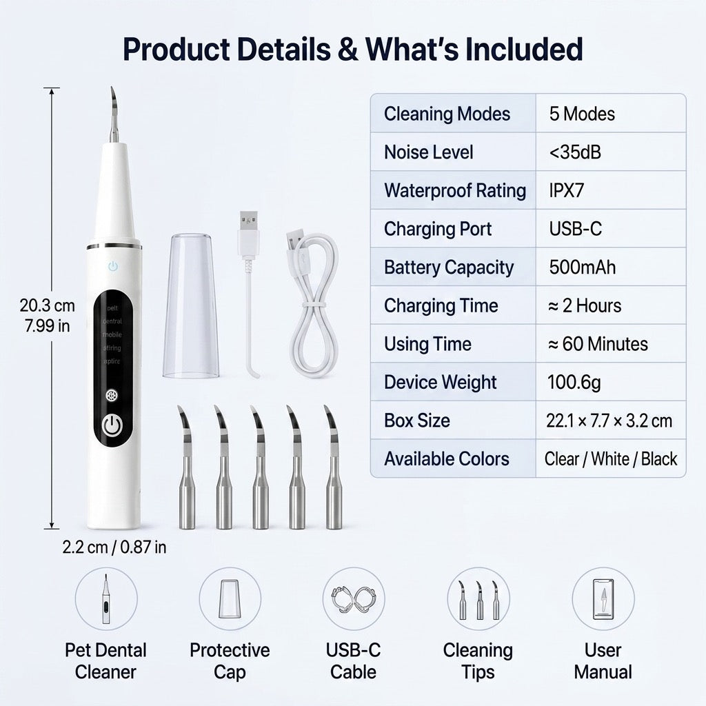 Pet dental cleaner product details including cleaning modes, charging port, battery capacity, and included accessories.
