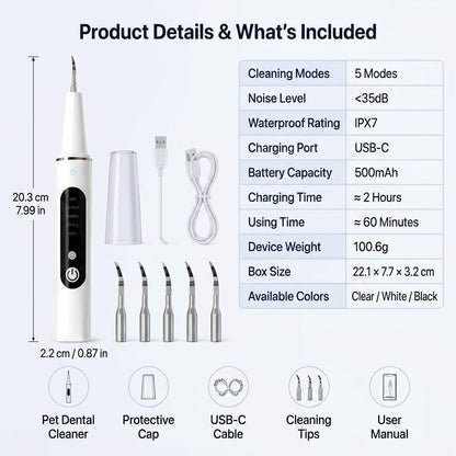 Pet dental cleaner product details including cleaning modes, charging port, battery capacity, and included accessories.