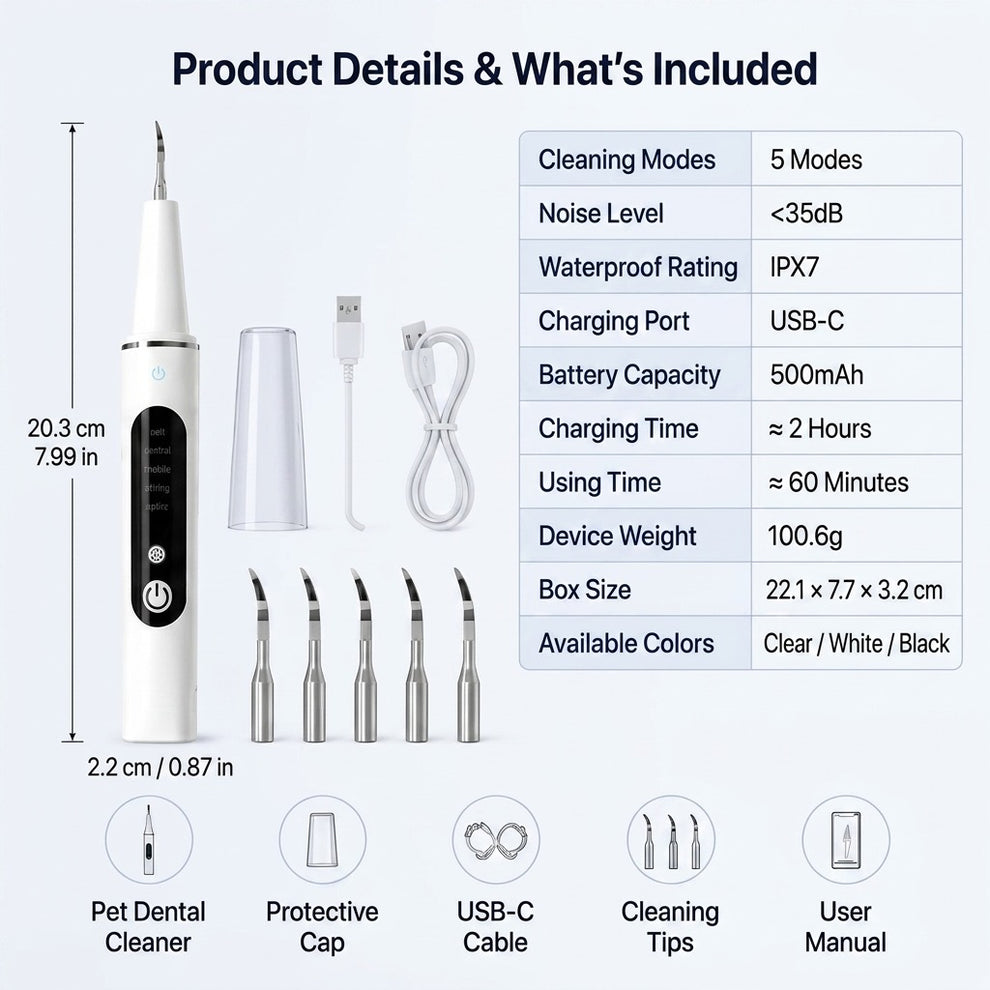Pet dental cleaner product details including cleaning modes, charging port, battery capacity, and included accessories.