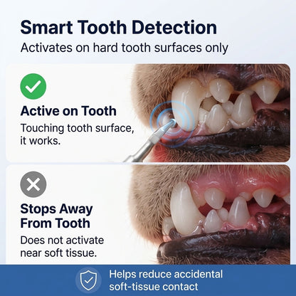Pet dental cleaner designed to activate on hard tooth surfaces during routine care.