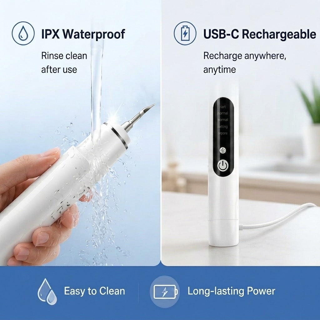 IPX7 waterproof USB-C rechargeable pet dental cleaner for easier rinsing after use.