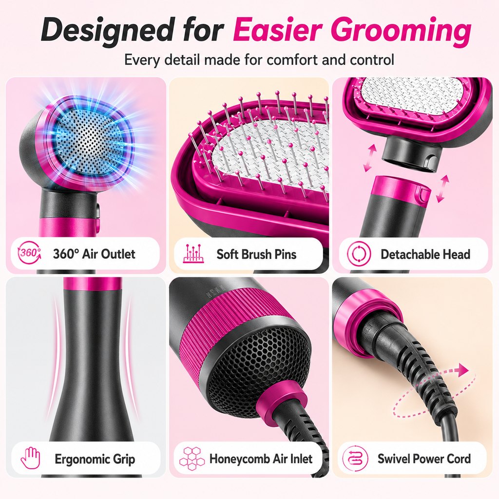 Paws in Awe 4-in-1 Pet Dryer Brush for After-Bath Grooming, Low-Noise Dog & Cat Hair Dryer Comb for Easier Drying, Brushing & Detangling image 8