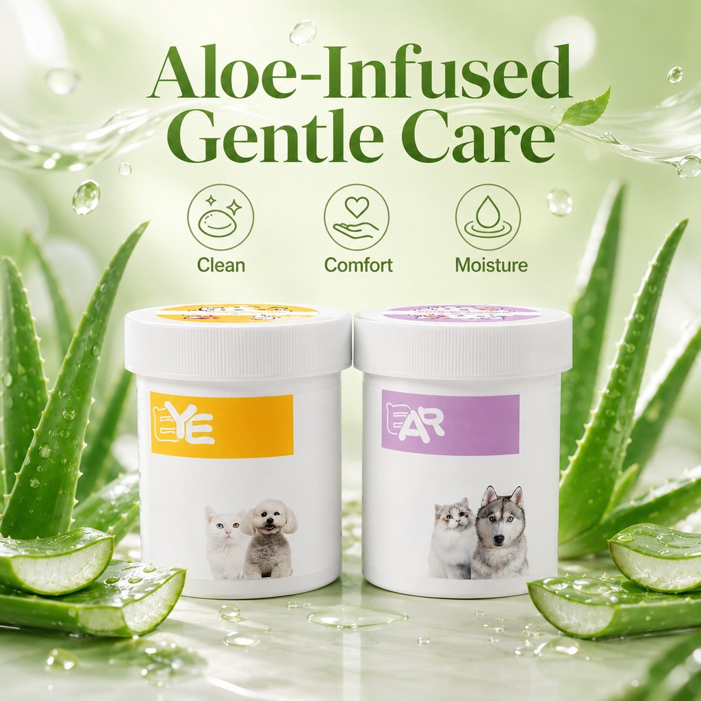 Aloe-infused pet eye and ear wipes for gentle routine care