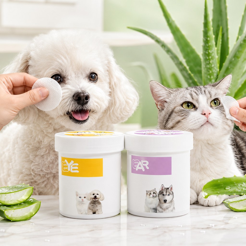 Pet eye and ear wipes for dogs and cats in daily grooming jars
