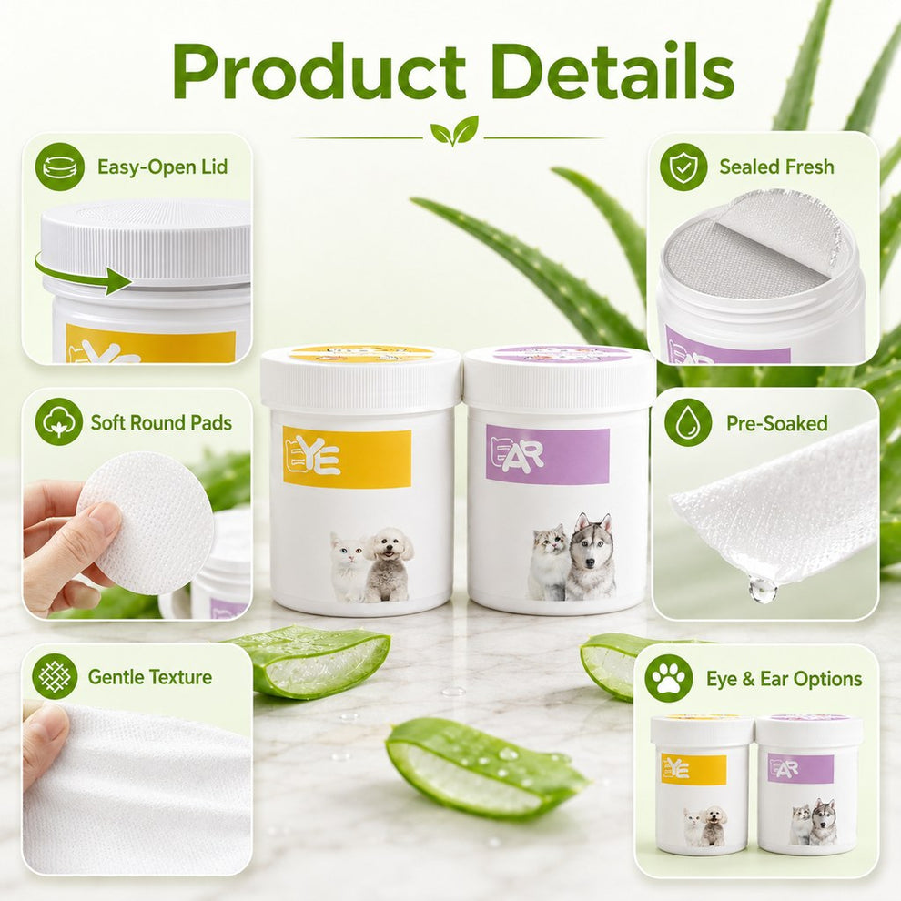 Pet eye and ear wipes product details with easy open lid soft pads and jar options