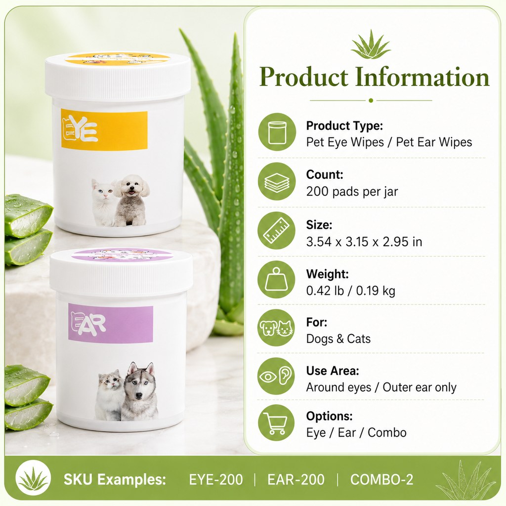 Pet eye and ear wipes product information with count size weight and use area