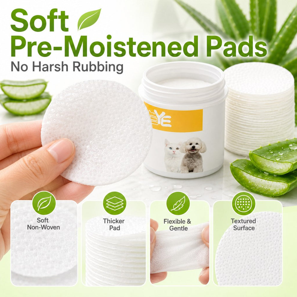 Soft pre-moistened round pet cleaning pads with textured surface