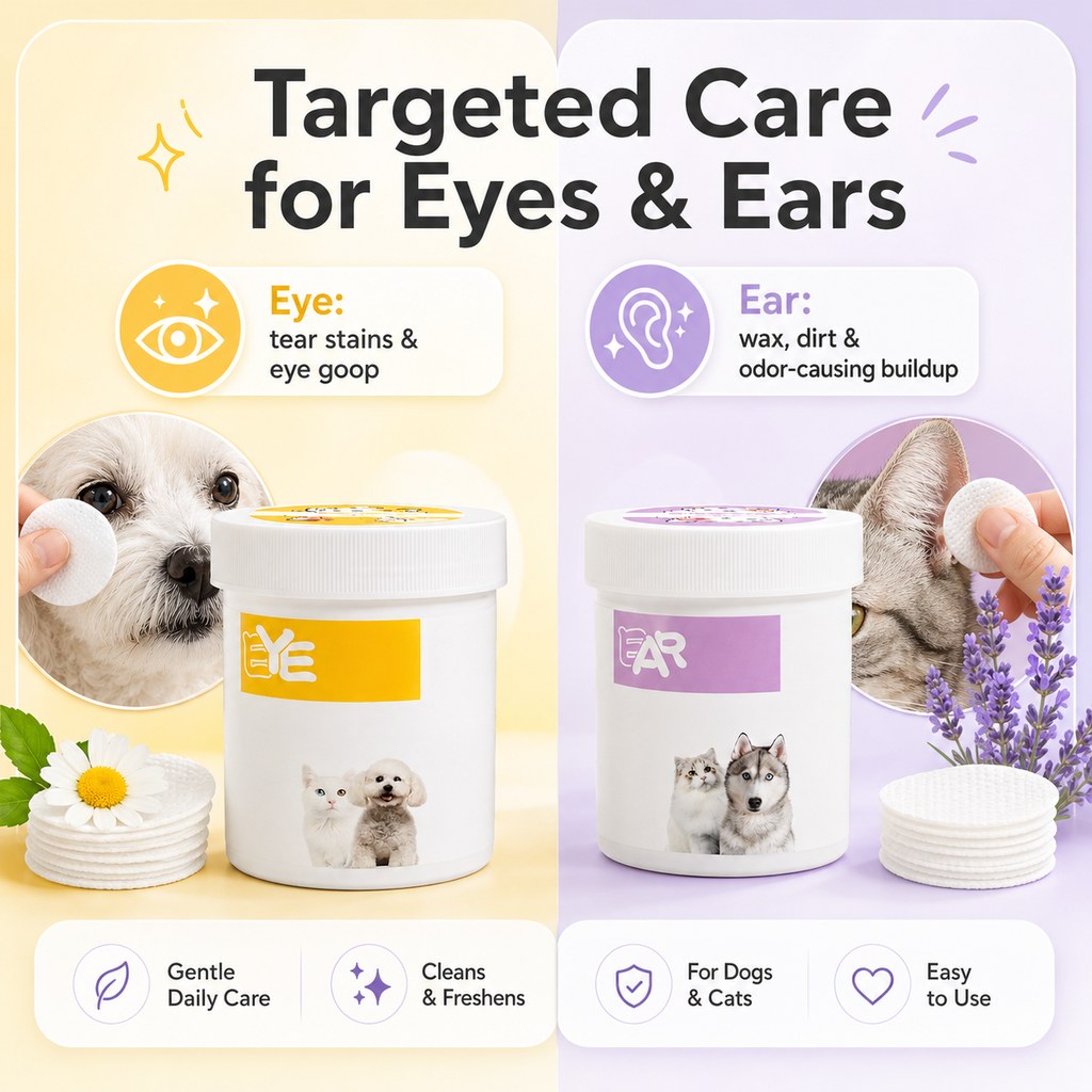 Targeted pet grooming wipes for eyes and outer ears