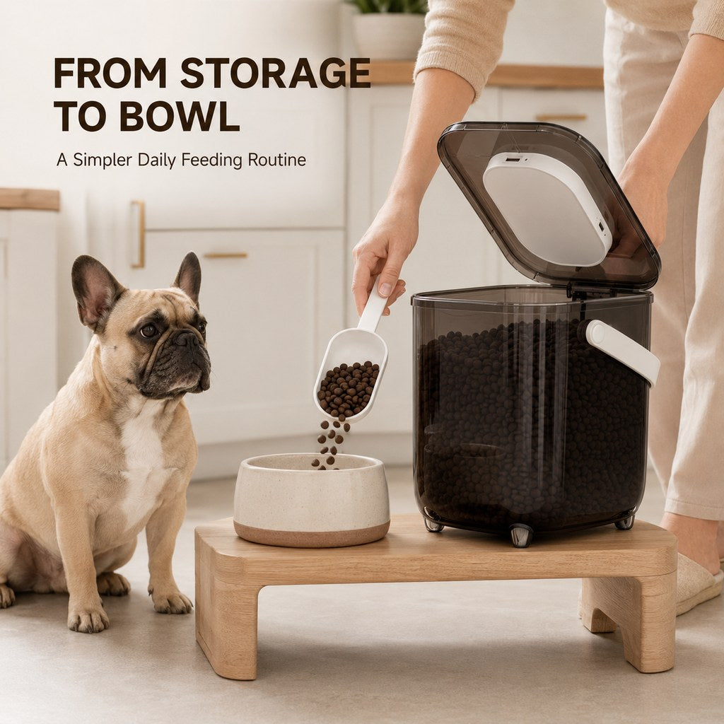 Pet food storage container beside feeding bowl station