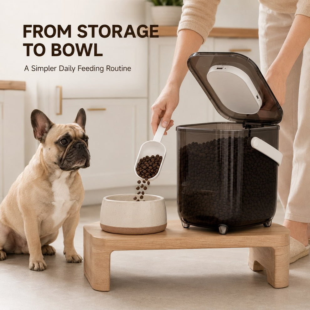 Pet food storage container beside feeding bowl station