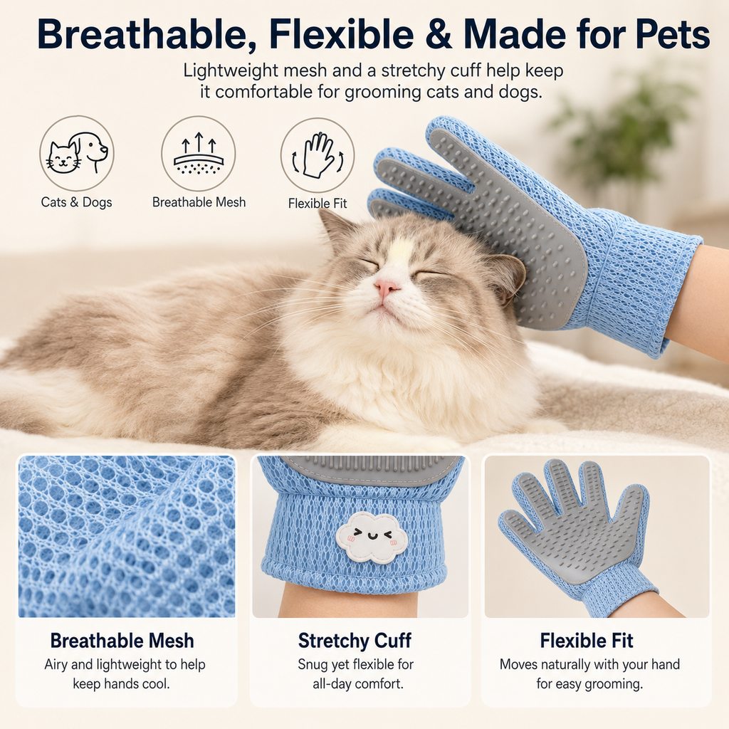 Paws in Awe Dual-Sided Pet Grooming Glove for Couch & Bath Time - Gentle Deshedding, Massage & Fur Cleanup for Cats &Dogs image 9