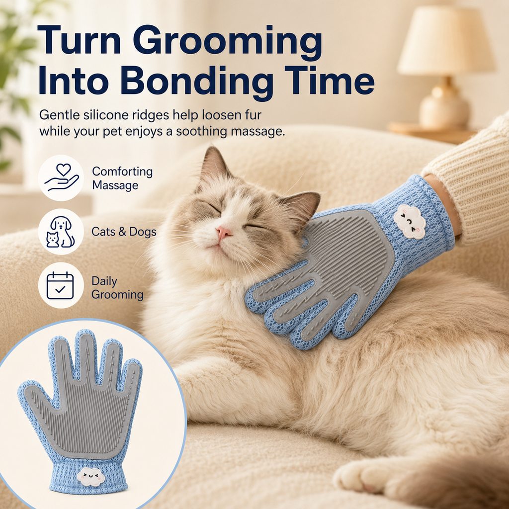 Paws in Awe Dual-Sided Pet Grooming Glove for Couch & Bath Time - Gentle Deshedding, Massage & Fur Cleanup for Cats &Dogs image 7