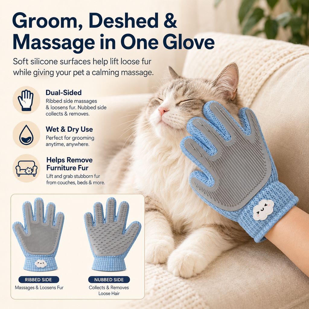 Paws in Awe Dual-Sided Pet Grooming Glove for Couch & Bath Time - Gentle Deshedding, Massage & Fur Cleanup for Cats &Dogs image 6
