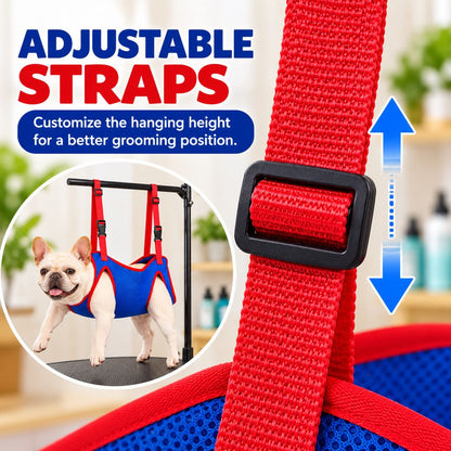 Adjustable red straps and buckle on a pet grooming hammock