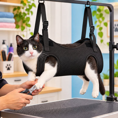 Black pet grooming hammock for secure nail trimming