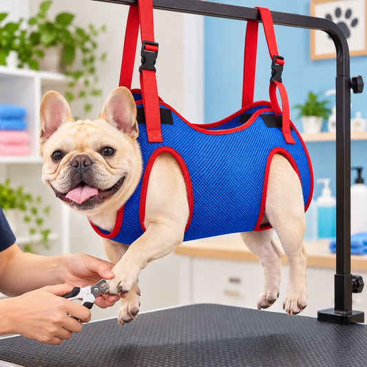 Blue pet grooming hammock with red adjustable straps