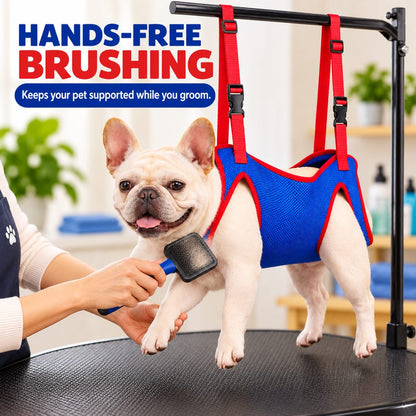 Hands-free brushing with a pet grooming hammock