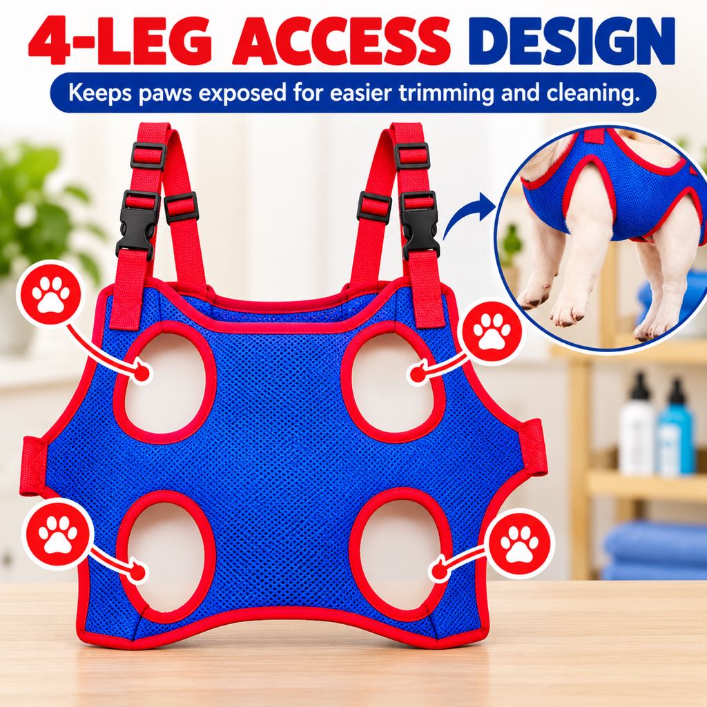 Four-leg openings provide grooming access in a pet hammock