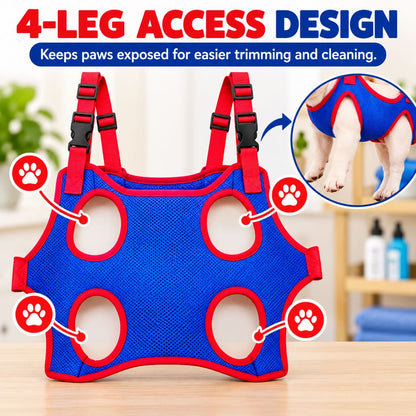 Four-leg openings provide grooming access in a pet hammock