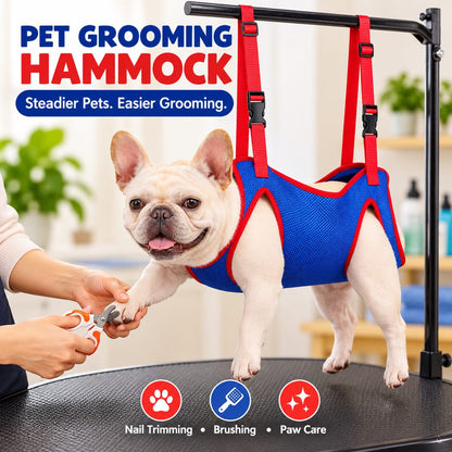 Dog supported in a grooming hammock for supervised nail trimming