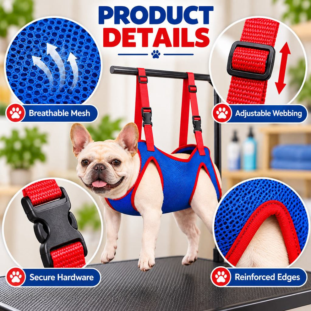 Breathable mesh and reinforced details of a pet grooming hammock