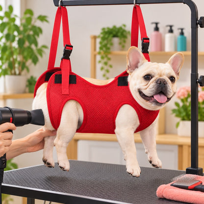 Red pet grooming hammock for coat drying and home grooming