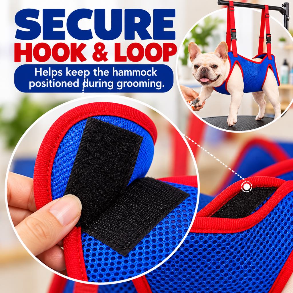 Secure hook-and-loop closure on a blue pet grooming hammock