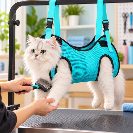Turquoise pet grooming hammock for cats and small dogs