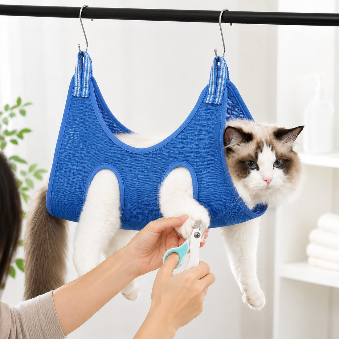 Blue pet grooming sling bag color option for cats and small dogs