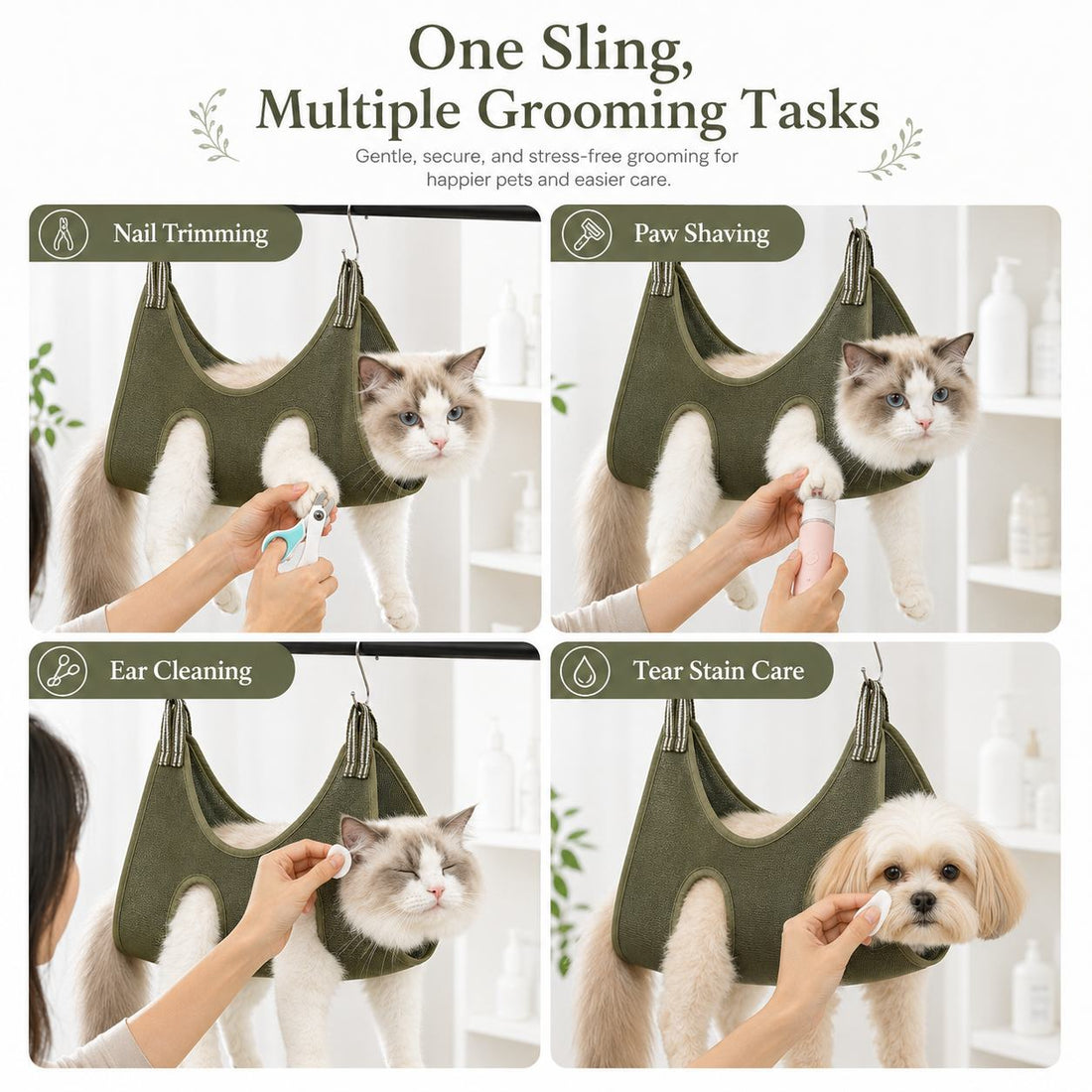 One pet grooming sling for nail trimming paw shaving ear cleaning and tear stain care