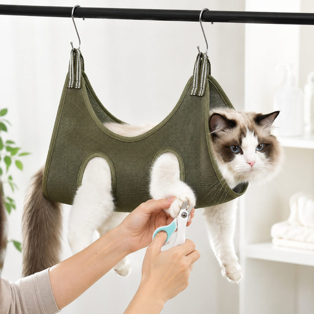 Olive green pet grooming sling bag color option for nail trims and paw care