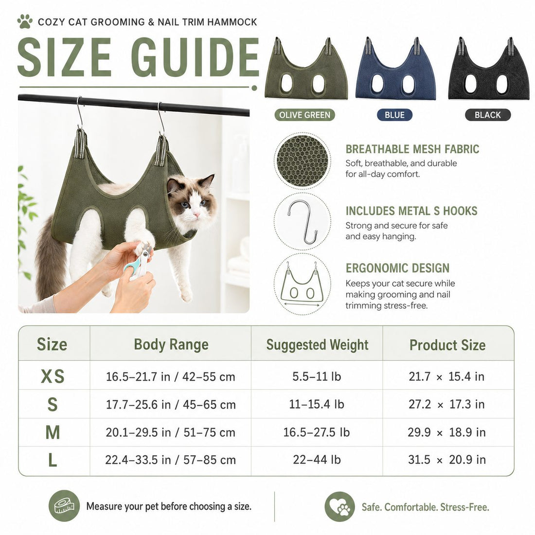Pet grooming sling size guide for cats puppies and small dogs