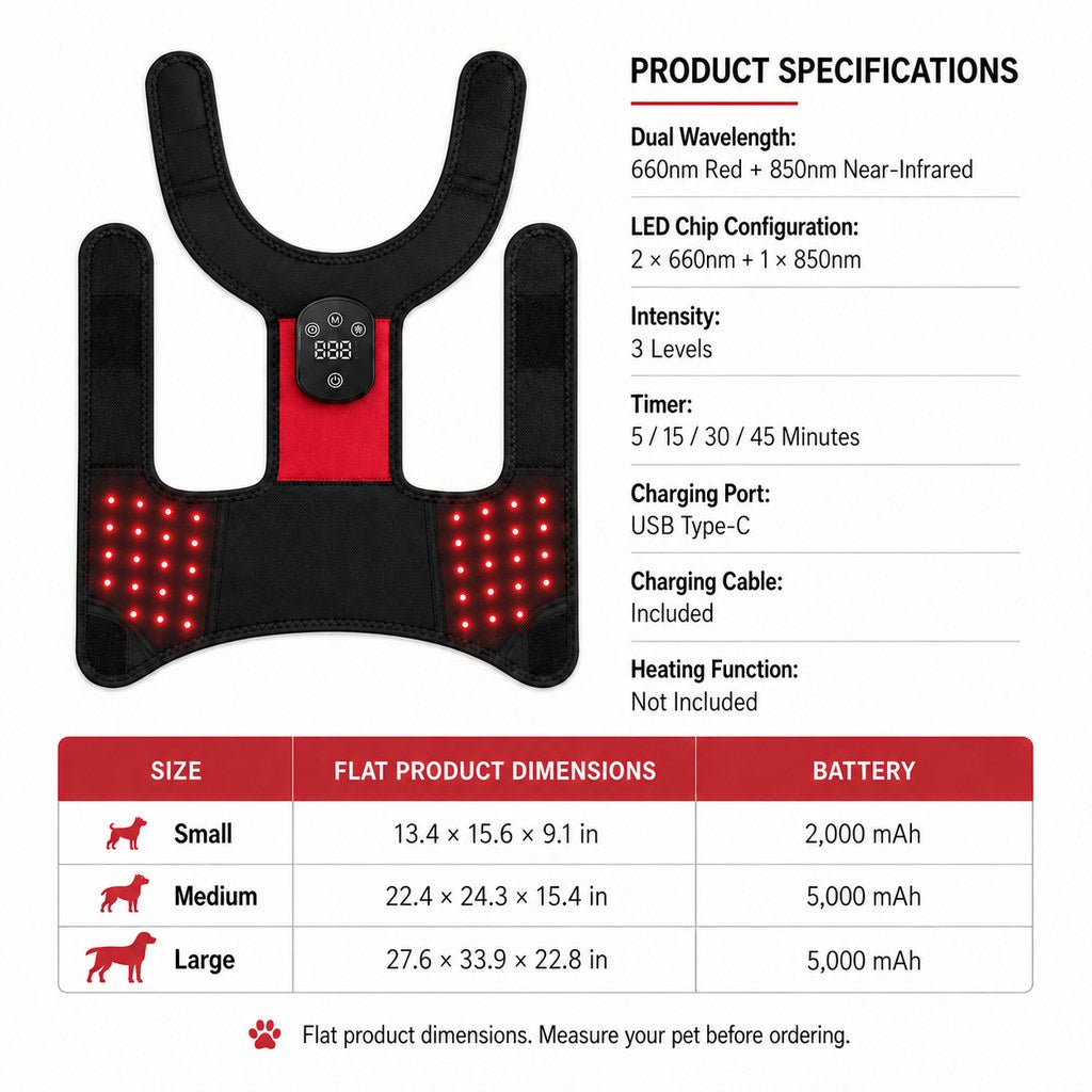Updated pet hip wrap product specifications and size comparison