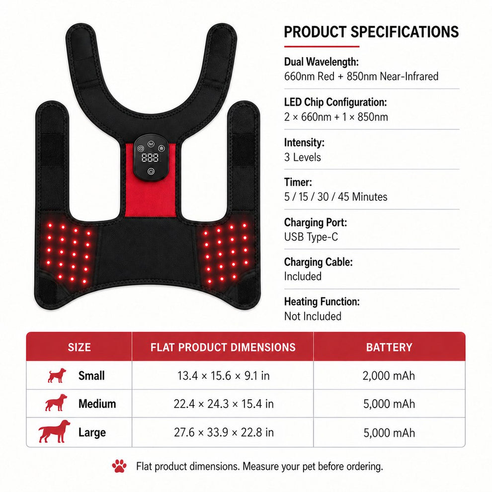 Updated pet hip wrap product specifications and size comparison